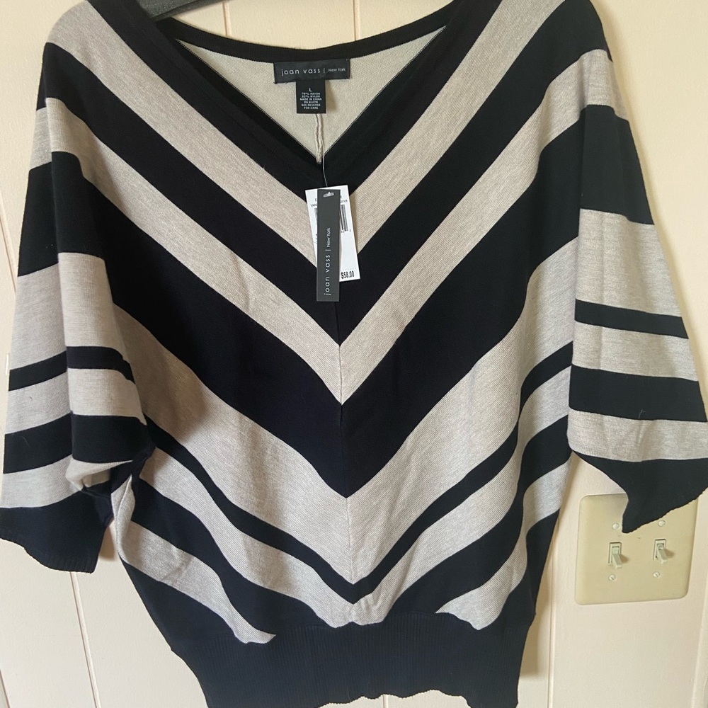 Joan Vass Black and Cream V-Neck Sweater with Geometric Pattern